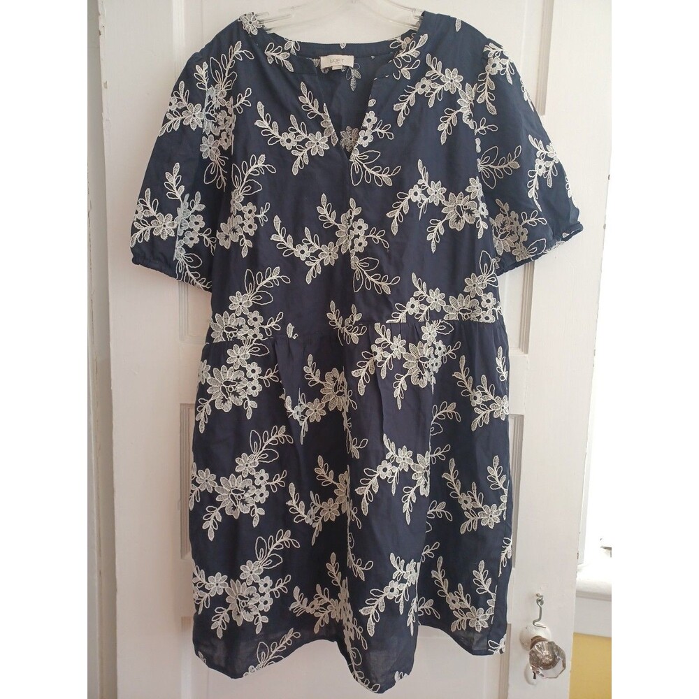 LOFT Navy Dress with White Floral Embroidery XXL